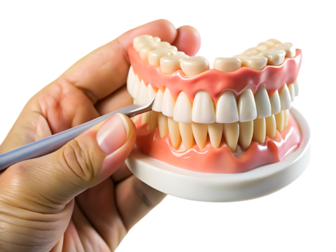 Close up of a hand demonstrating proper brushing technique on a dental model isolated on white background ,PNG. AI Generated