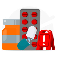 Using medicine warning. Unsafe medication or pharmaceutical misuse.. Depicts danger of drug overdose, fake or abusive pills, and health risks.