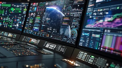 Command Center Console: Capturing the intricate details of a sophisticated command center, a bank of monitors displays data amidst a futuristic setting, highlighting the advanced technology. - Powered by Adobe