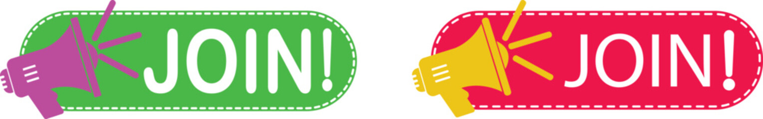 Join Banner icon set. Hiring employment symbol. Human resources concept. Announcement with loudspeaker bubble icon. Label or tag with loudspeaker. Modern registration sign. Vector illustration.