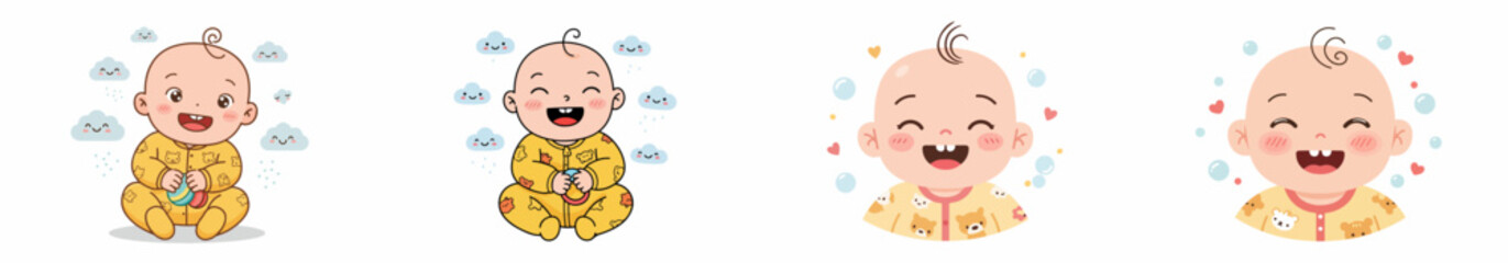 Set of four adorable cartoon baby characters smiling and laughing, illustrating infancy, joy, and early childhood development.