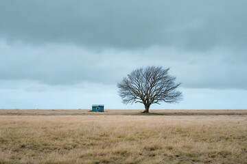 a lone tree in a field with a blue truck in the background