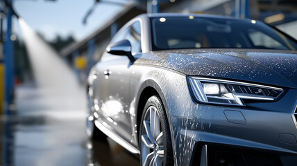 Obraz premium Professional car wash scene showing a luxury vehicle drenched in foamy soap, dripping smoothly across the metallic paint under natural light, representing cleanliness, care, and detailing perfection.