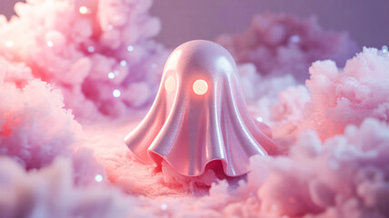 Cute pastel ghost with glowing blush cheeks floating in pink glitter mist, soft Halloween background
