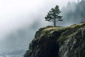 a lone tree on a cliff overlooking the ocean