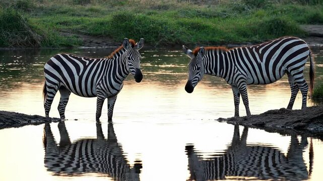 Two zebras drinking water in a serene wildlife setting