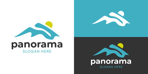 Creative simple panorama logo template. Mountain hills peak summit view logo design vector illustration.
