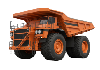 Orange mining truck isolated on transparent background, heavy machinery for construction and industrial use