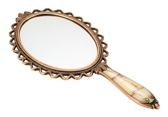 Vintage hand mirror isolated on white, antique bronze vanity mirror with ornate frame and marble handle for beauty and personal care © Johnson