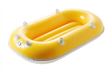 Isolated yellow inflatable raft with secure rope attachments and a sleek white base for navigating serene water adventures.