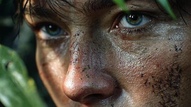 The Intense Gaze: A close-up portrait of a determined man, his eyes reveal a story of survival and unwavering resolve amidst the dense jungle.