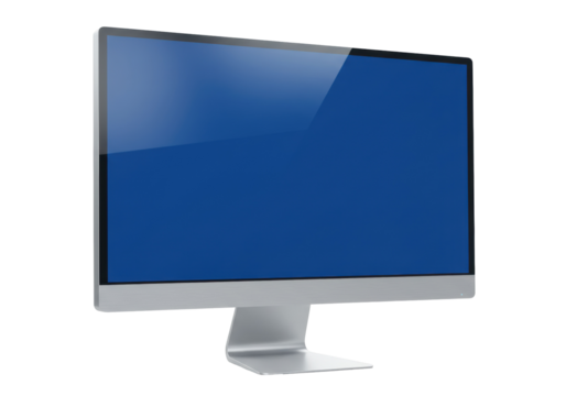 Sleek silver all-in-one computer isolated on transparent background, modern desktop PC for office and home use