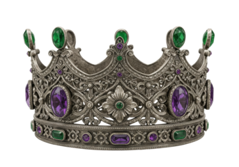 Ornate silver crown with green and purple gems isolated on white, royal headwear for costume or fantasy concept