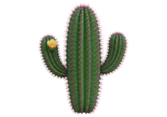 Saguaro cactus with flower isolated on transparent background, green succulent plant with pink spines for desert flora design