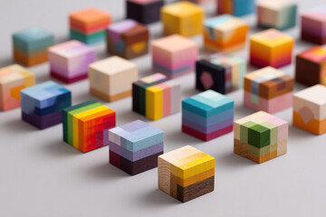 Abstract colorful cubes. A playful arrangement of wooden blocks, each with unique patterns, creating a visually engaging mosaic.