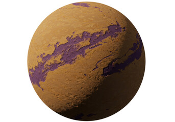 Textured planet with purple canyons isolated on transparent background, 3D rendering of a fictional world for space exploration