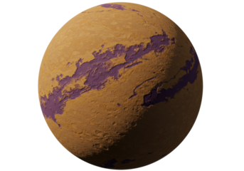 Textured planet with purple canyons isolated on transparent background, 3D rendering of a fictional world for space exploration