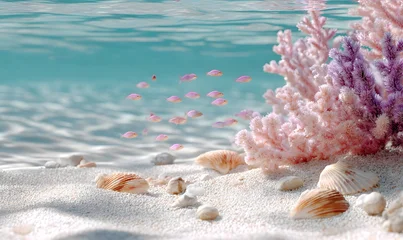 Wandcirkels Koraalriffen A serene underwater scene with soft pink coral reefs, delicate seashells scattered on white sandy ocean floor  © simba kim