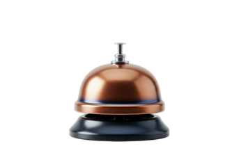 Copper-colored service bell isolated on a clean backdrop, vintage hotel reception call bell for assistance and customer service