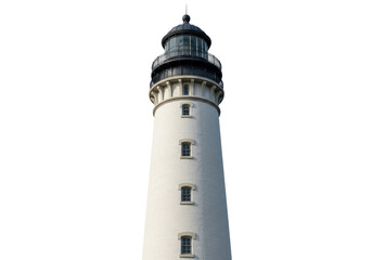 Tall white lighthouse isolated on transparent background, coastal navigation beacon PNG, maritime safety landmark