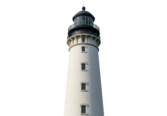 Tall white lighthouse isolated on transparent background, coastal navigation beacon PNG, maritime safety landmark