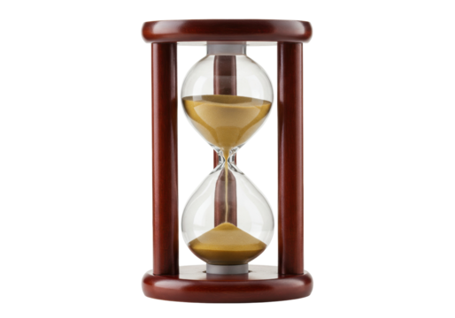 Classic wooden hourglass with golden sand isolated, time management concept for deadlines and productivity PNG