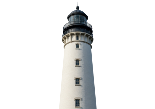 Tall white lighthouse isolated on transparent background, coastal navigation beacon PNG, maritime safety landmark