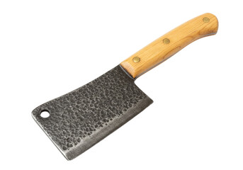 Hand forged meat cleaver isolated on white, rustic butcher knife with wooden handle for chopping and food preparation