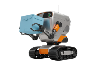 Delivery robot holding a blue package isolated, futuristic automated carrier on tracks for e-commerce and logistics, PNG