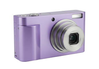 Purple digital camera isolated on transparent background, compact point-and-shoot for photography enthusiasts and casual snapshots