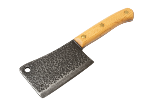 Hand forged meat cleaver isolated on white, rustic butcher knife with wooden handle for chopping and food preparation