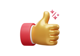 Golden thumbs up PNG isolated on transparent background, 3D rendering like symbol for social media and positive feedback
