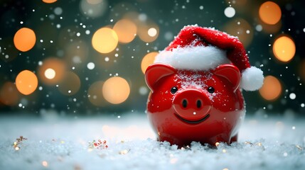 Festive red piggy bank wearing a Santa hat stands in the snow among twinkling holiday lights and falling snowflakes