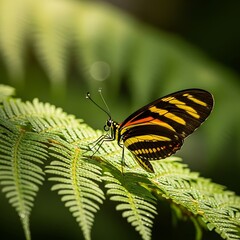 Zebra Longwing Butterfly Resting on a Fern Leaf.