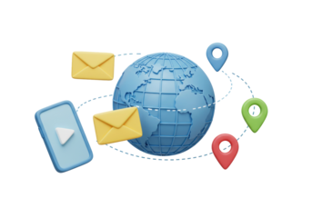 Global communication concept PNG, isolated world globe with email, video, and location pins for international business