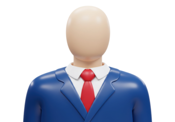 Faceless man in blue suit with red tie isolated on transparent background, 3D rendering of a business person without identity