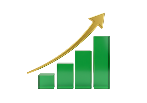 Green bar graph with golden arrow isolated on transparent background, business growth and financial success concept