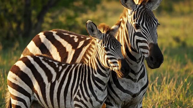Two zebras standing closely together in grassy sunlight