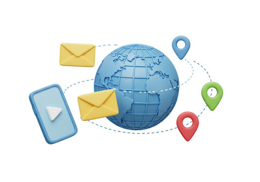 Global communication concept PNG, isolated world globe with email, video, and location pins for international business
