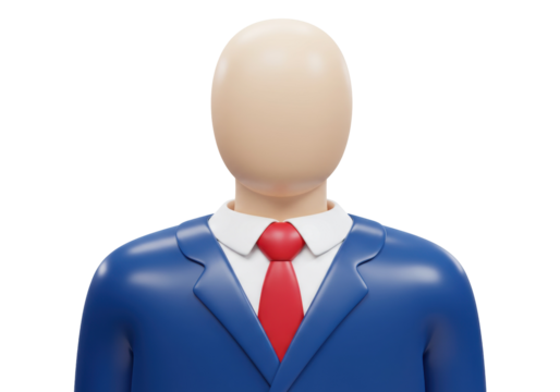 Faceless man in blue suit with red tie isolated on transparent background, 3D rendering of a business person without identity
