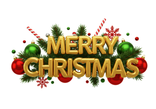 Festive Merry Christmas golden text with ornaments isolated, holiday season greeting card design element on a transparent background