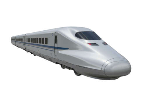Sleek silver bullet train isolated on transparent background, high-speed rail transport for modern travel and futuristic design