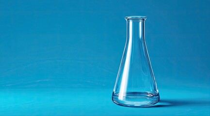 Clear glass Erlenmeyer flask with liquid, set against blue backdrop
