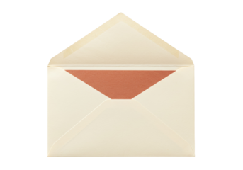 Open cream envelope isolated on transparent background, blank stationery for invitations and greetings