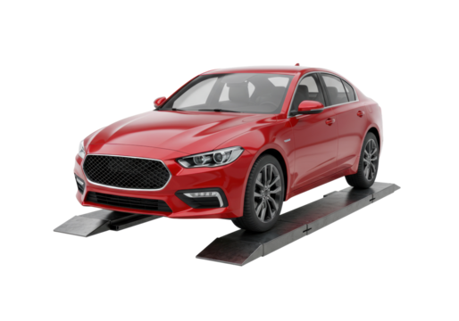 Red sedan car on vehicle ramps isolated, automotive service equipment for maintenance and repair PNG