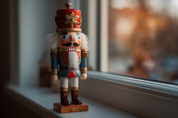 a toy soldier is sitting on a window sill