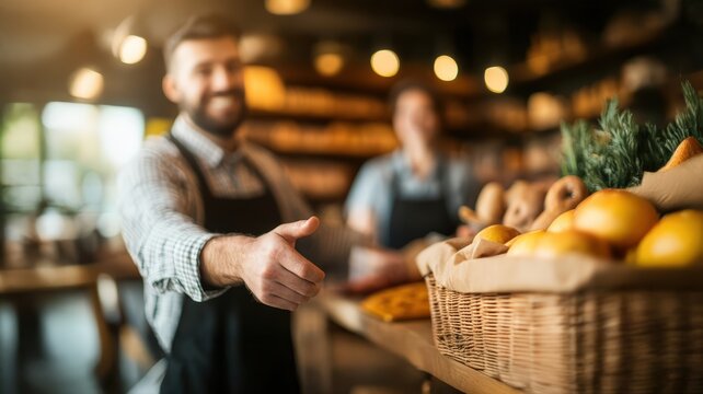 Warm welcome friendly shop employee offers fresh local produce from basket in inviting bakery or grocery store, showcasing excellent customer service and hospitality. Business concept