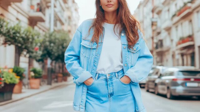 Confident young woman with flowing brown hair standing casually on urban street, dressed in fashionable light blue denim ensemble