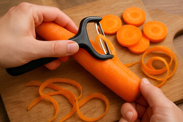 Close-Up of Hands Peeling Fresh Carrot with Vegetable Peeler | Healthy Cooking Preparation.