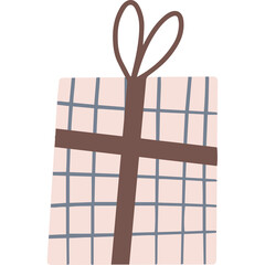 A pink and blue checkered gift box tied with a brown ribbon and bow on a transparent background